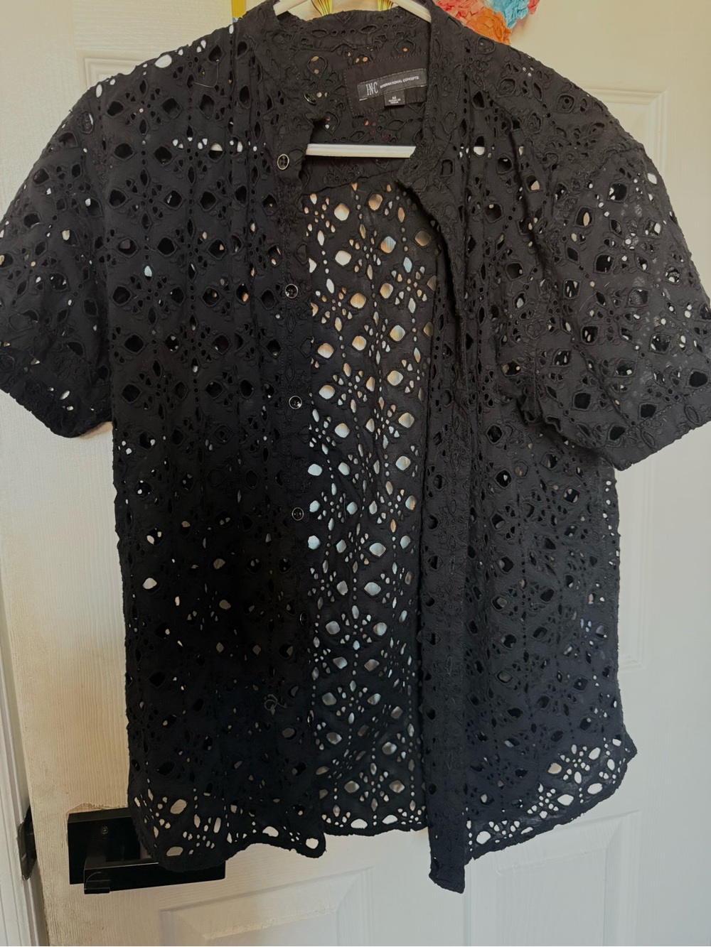 INC International Concepts Black Eyelet Short-Sleeve Button Front Shirt